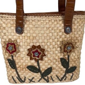 Vintage‎ Elka Woven Straw Floral Applique Satchel Purse Handbag Boho Cottage